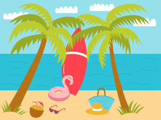 Vector beach with palms and hammock flat illustration. Flat sand beach landscape with surfboard, rubber ring and coconut cocktail