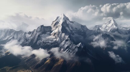 Obraz premium Stunning mountains range covered in a pristine blanket of snow, with jagged peaks piercing through the clouds