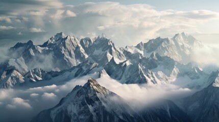 Fototapeta premium Stunning mountains range covered in a pristine blanket of snow, with jagged peaks piercing through the clouds