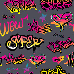 Abstract seamless Grunge pattern with street art style text. Graffiti repeat print. Cover urban lettering ornament with text Super, love, kiss, wow, xo xo. Girlish fashion background. Heart prints