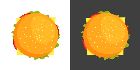 Vector hamburger top view. Burger with cheese, tomatoes, chop, lettuce. Fast food or junkfood meal. Illustration for menu isolated on white and black.