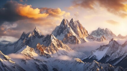 Fototapeta na wymiar Stunning mountains range covered in a pristine blanket of snow, with jagged peaks piercing through the clouds