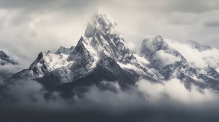 Obraz premium Stunning mountains range covered in a pristine blanket of snow, with jagged peaks piercing through the clouds