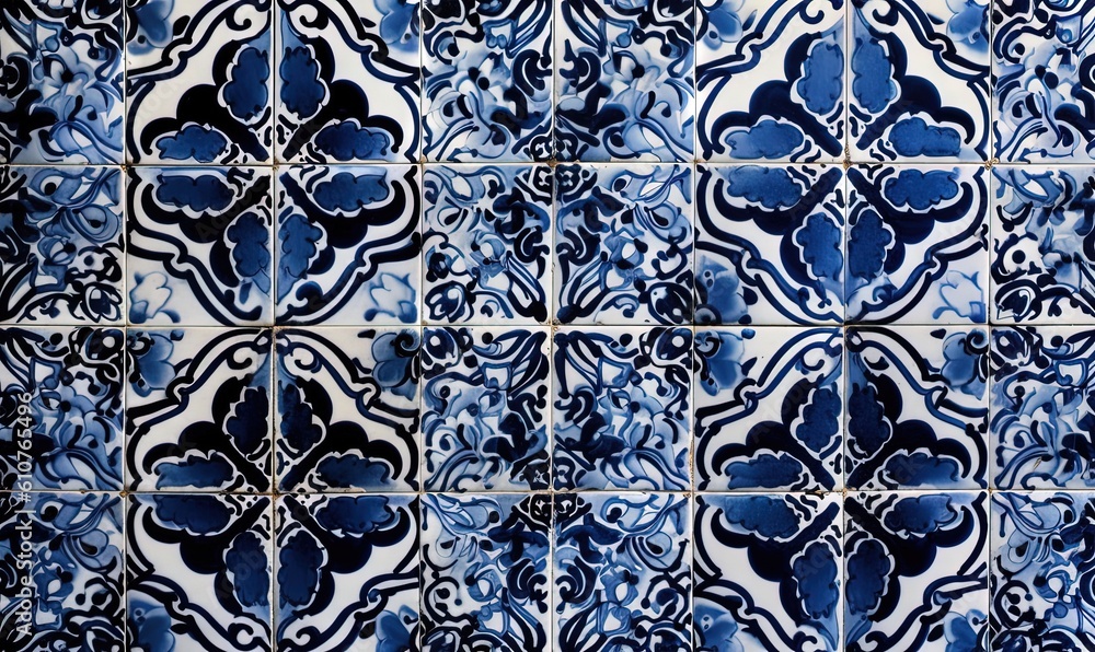 Poster a blue and white tile wall with a pattern of flowers and leaves in the middle of the tile is a blue 