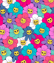 Seamless background with flowers in the center of which the muzzle of a cat. Cute cat faces in flowers repeat print. Endless floral ornament with cartoon smiling kitten drawing in 70s style.