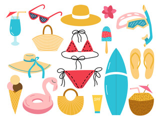 Different summer beach elements set. Vector flat style summer accessories set. Swim suit, straw hat, bag, sun glasses, slippers, ice cream