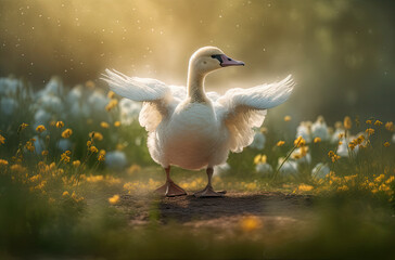 white duck in the summer meadow. Generative AI image.