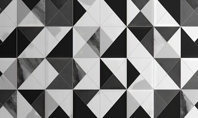  a black and white tiled wall with a pattern of triangulars and triangles on the side of the wall and a black and white background.  generative ai