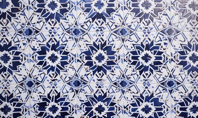  a blue and white tile pattern with blue and white designs on it's sides and a black and white background with a blue and white design on the bottom.  generative ai