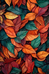Captivating Illustration of Colorful Leaves Creating a Mesmerizing Background - Perfect for Nature-inspired Designs, Fall Season Promotions, Botanical Artwork, and Environmental Them. Generative AI