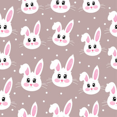 Seamless pattern with happy cute funny kawaii little bunny on light brown background