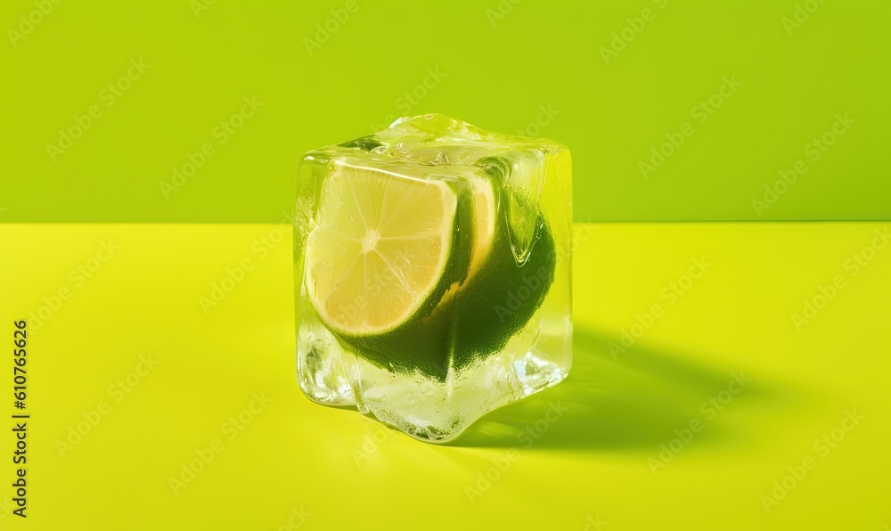 Aufkleber a lime and limeade drink in a glass on a green surface with a slice of lime in the middle of the gla
