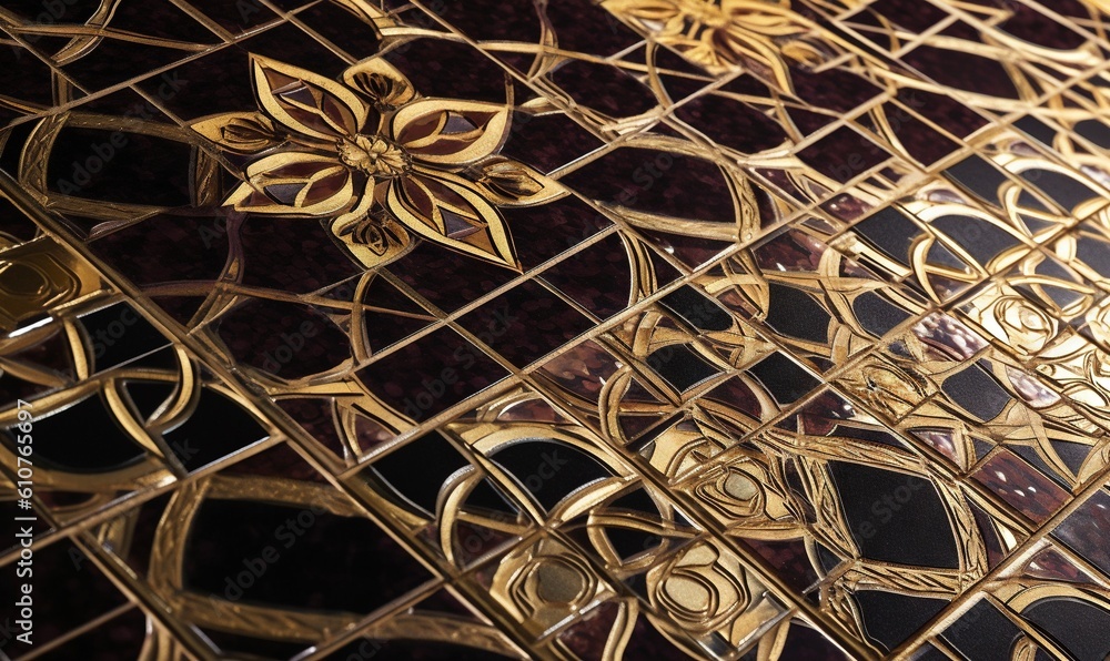 Poster a close up of a decorative mirror with a gold flower design on the side of the mirror and the reflec