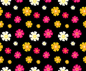 Fototapeta na wymiar 70s style Seamless pattern with flowers. Decorative floral endless ornament for kid textile, wrapping paper. Colorful flowers repeat print. Blossom cover print.