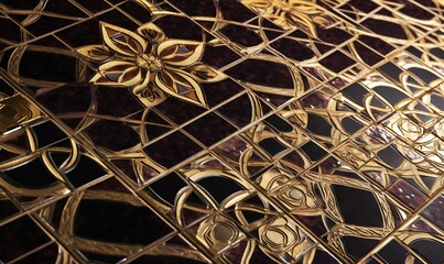  a close up of a decorative mirror with a gold flower design on the side of the mirror and the reflection of the mirror on the wall.  generative ai