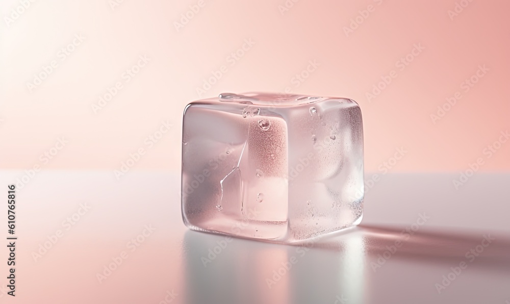 Poster two ice cubes sitting on top of a table next to a pink wall with a shadow on the floor and one ice c