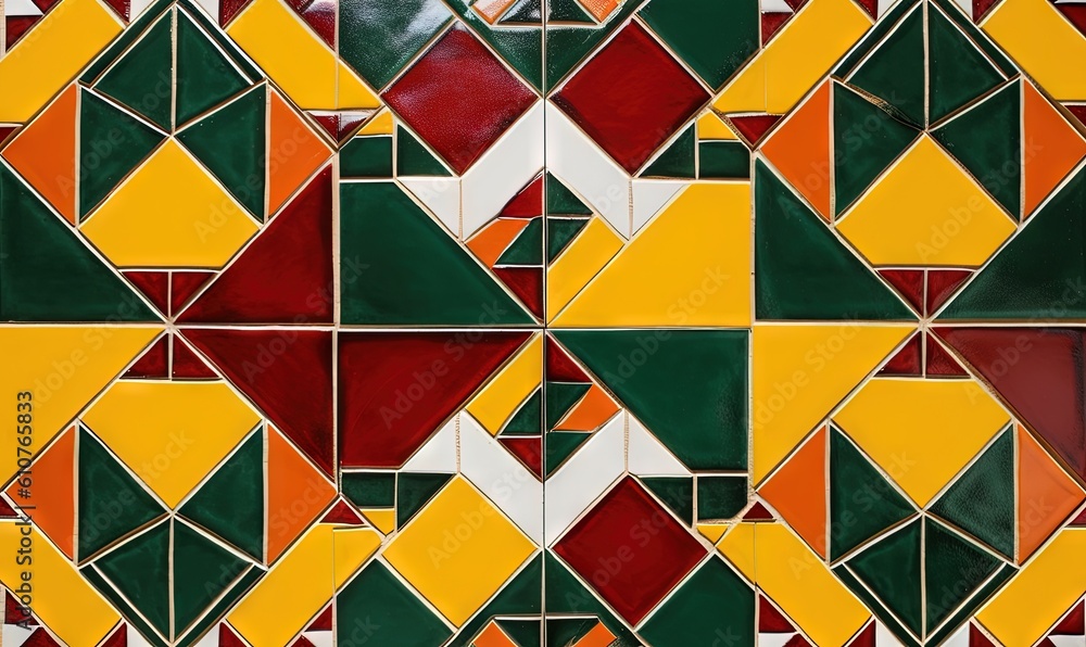 Poster a close up of a colorful tile wall with many different colored squares and triangles on it's sides a