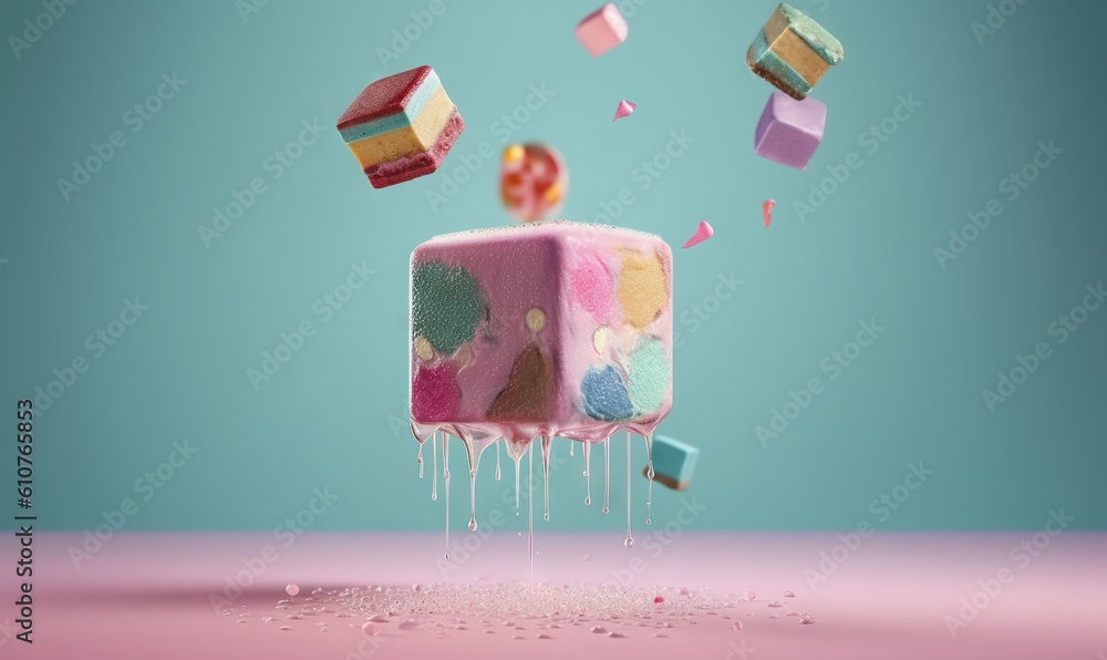 Poster a colorful cake with icing falling off of it's sides and colorful cubes falling off of it's sides in
