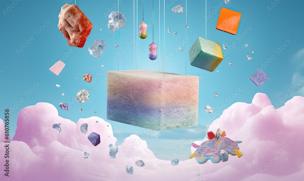 Poster a painting of a box floating in the air with a toy in front of it and other objects floating around 