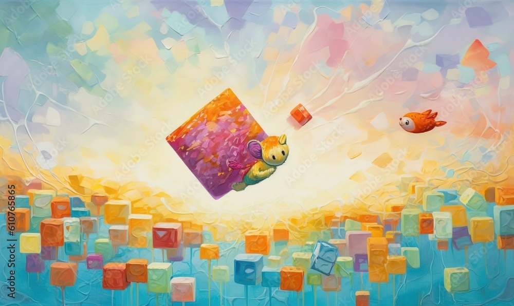 Poster a painting of a fish and a kite flying in the sky above a cityscape with blocks of colored blocks in