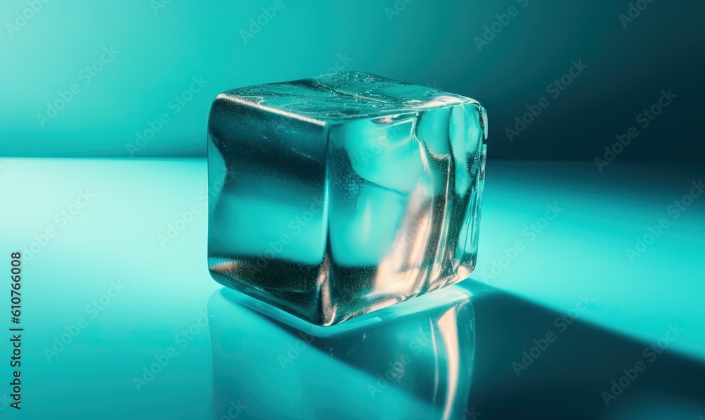 Aufkleber a square ice cube sitting on top of a blue tablecloth covered table top with a reflection of the ice