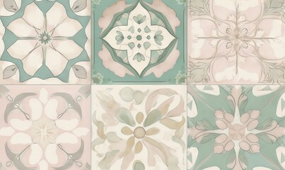  a series of nine tile designs with different colors and shapes of flowers and leaves on a light green and light pink color scheme with a white background.  generative ai