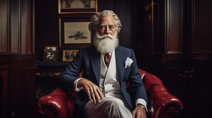 An elegant elderly gentleman with a distinguished white beard and a tailored three-piece suit, radiating timeless sophistication Generative AI - obrazy, fototapety, plakaty