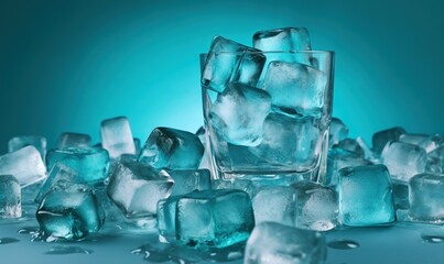  a glass of ice with ice cubes on a blue background with water droplets on the ice and on the ground, and on the table.  generative ai