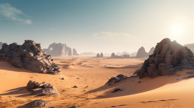 Vast desert landscape with shifting sand dunes, mysterious rock formations, and a sense of solitude and mystery