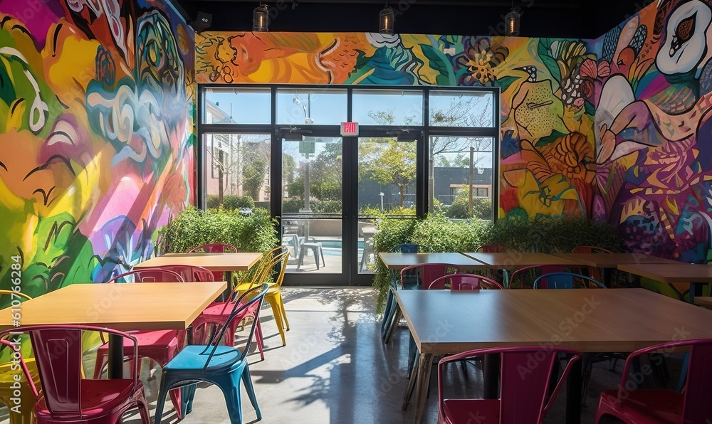 Poster a brightly colored room with tables, chairs, and a large window with a view of the outside of the ro