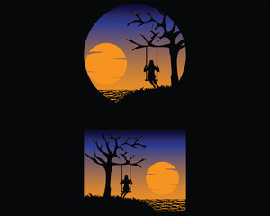 two square and round shape silhouette vector designs a nighttime scene near the beach where there is a dry tree without leaves and a woman is sitting swinging on the tree branch