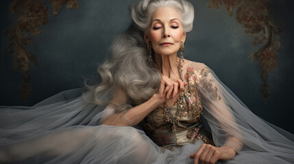 A graceful and mature lady with a gracefully silver beard and an elegant gown, celebrating beauty and wisdom at every age Generative AI