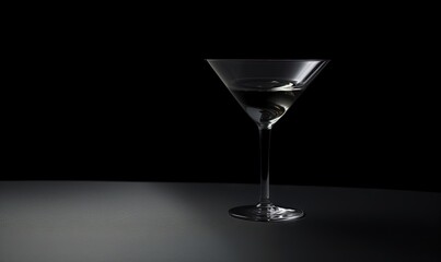  a martini glass sitting on a table with a black background and a light reflecting on the glass and the glass has a slight reflection on the table.  generative ai - obrazy, fototapety, plakaty