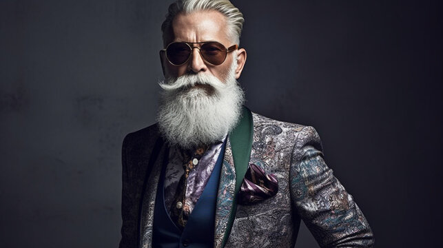 A trendsetting older man with a carefully shaped beard and stylish accessories, proving that age is no barrier to being a fashion icon Generative AI