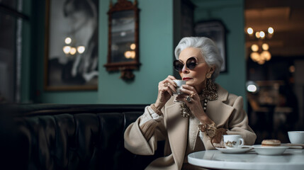 A fashionable older woman sitting in a cozy café, sipping her latte, wearing a perfectly tailored coat and accessorized with a chic handbag Generative AI
