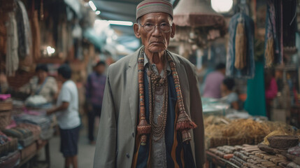 Obraz premium A wise and stylish senior strolling through a market, adorned in cultural attire, showcasing heritage and a deep sense of personal style Generative AI