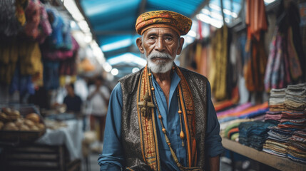 A wise and stylish senior strolling through a market, adorned in cultural attire, showcasing heritage and a deep sense of personal style Generative AI