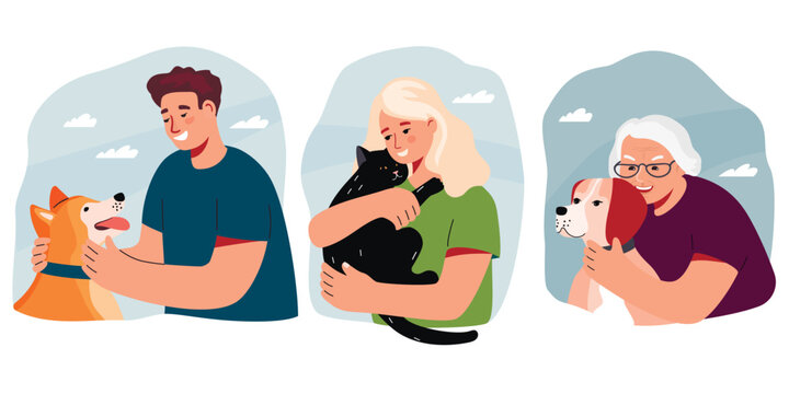 Set of people hugging dogs and cat.Young man,woman and old lady with their pets.Happy smiling characters have fun together with animals.Collection of colorful vector illustrations in flat style.