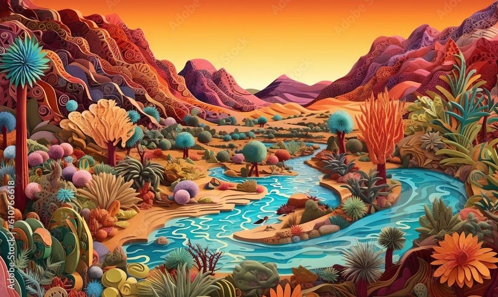 Poster a painting of a desert with a river and mountains in the background and a sunset in the distance wit