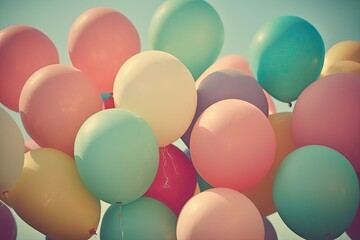 Fototapeta na wymiar Balloons in a variety of colors. Vintage pastel color ideas for a beautiful summer birthday party. Generative AI