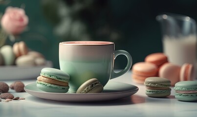  a cup of coffee and some macaroons on a plate and a vase of flowers and a vase of flowers in the back ground.  generative ai