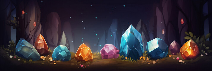 Gemstones on mysterious forest background, banner, generative AI