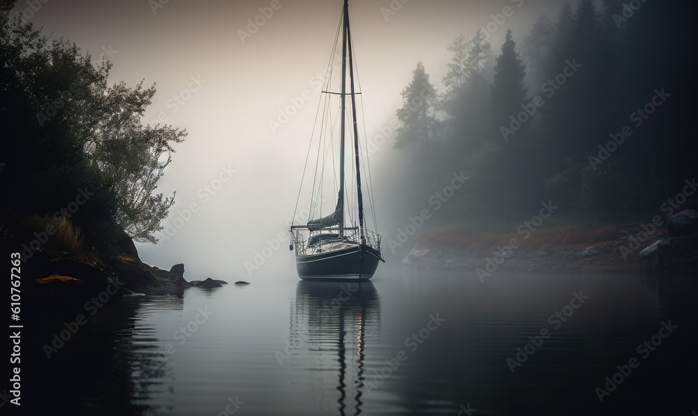 Poster a sailboat in the water on a foggy day with trees in the background and a duck swimming in the water