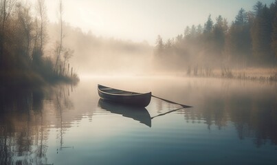  a small boat floating on top of a lake surrounded by trees in the foggy day time with a single rowboat in the foreground.  generative ai