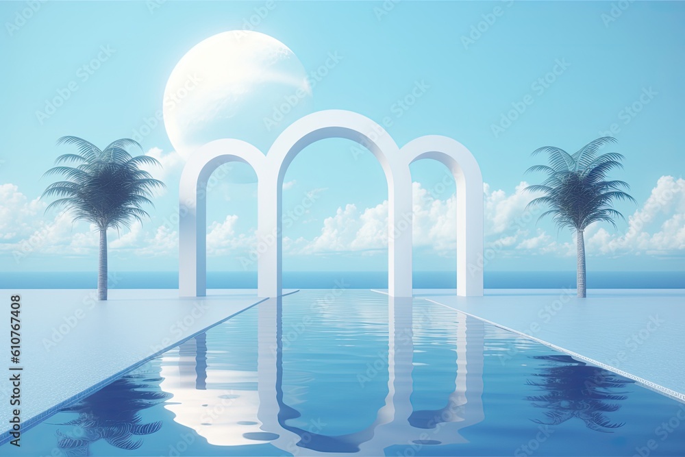 Poster abstract summer scene with geometric form. view of the beach and the sea. generative ai