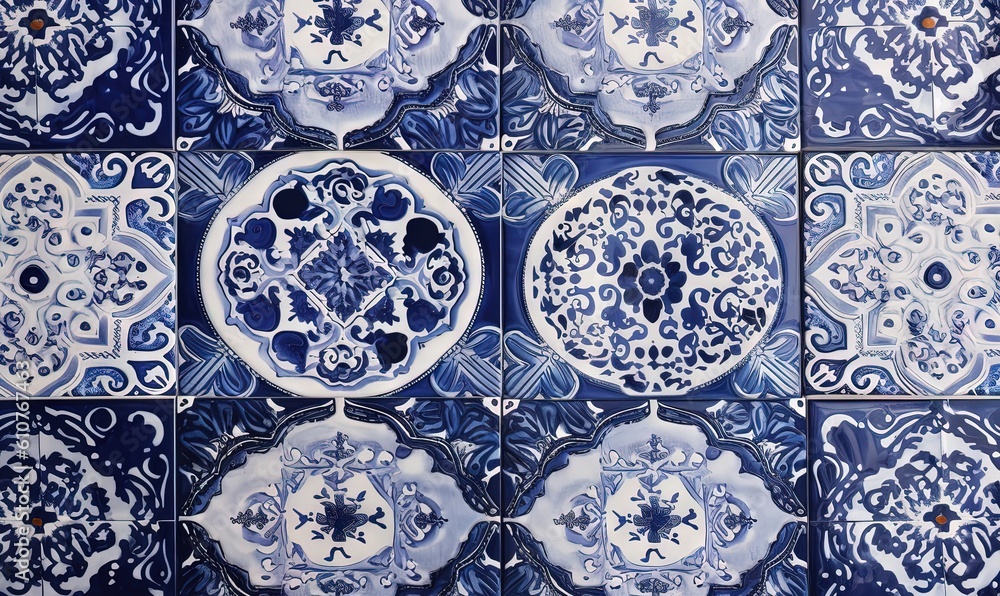 Poster a close up of a blue and white tile with a circular design on the side of it and a circular design o