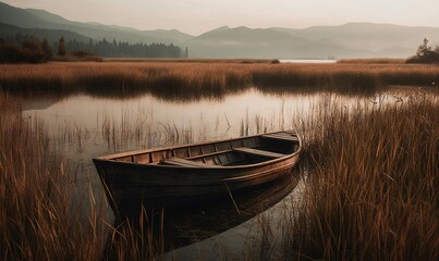  a small boat sitting on top of a lake next to tall grass and a mountain in the distance with a lake in the foreground.  generative ai