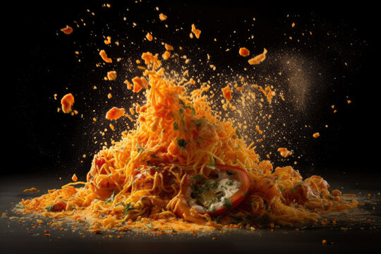 Explosion of taste, food explodes and scatters, cooking concept, AI Generated