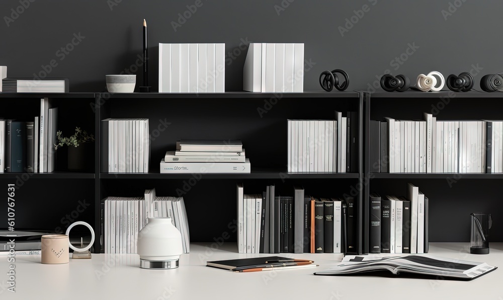Poster a book shelf filled with lots of books next to a desk with a laptop and a cup on it and a lamp on to