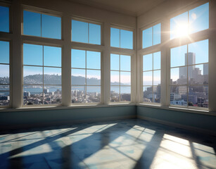 View from a high building, sun light through windows, view into city skyline. Generative Ai.